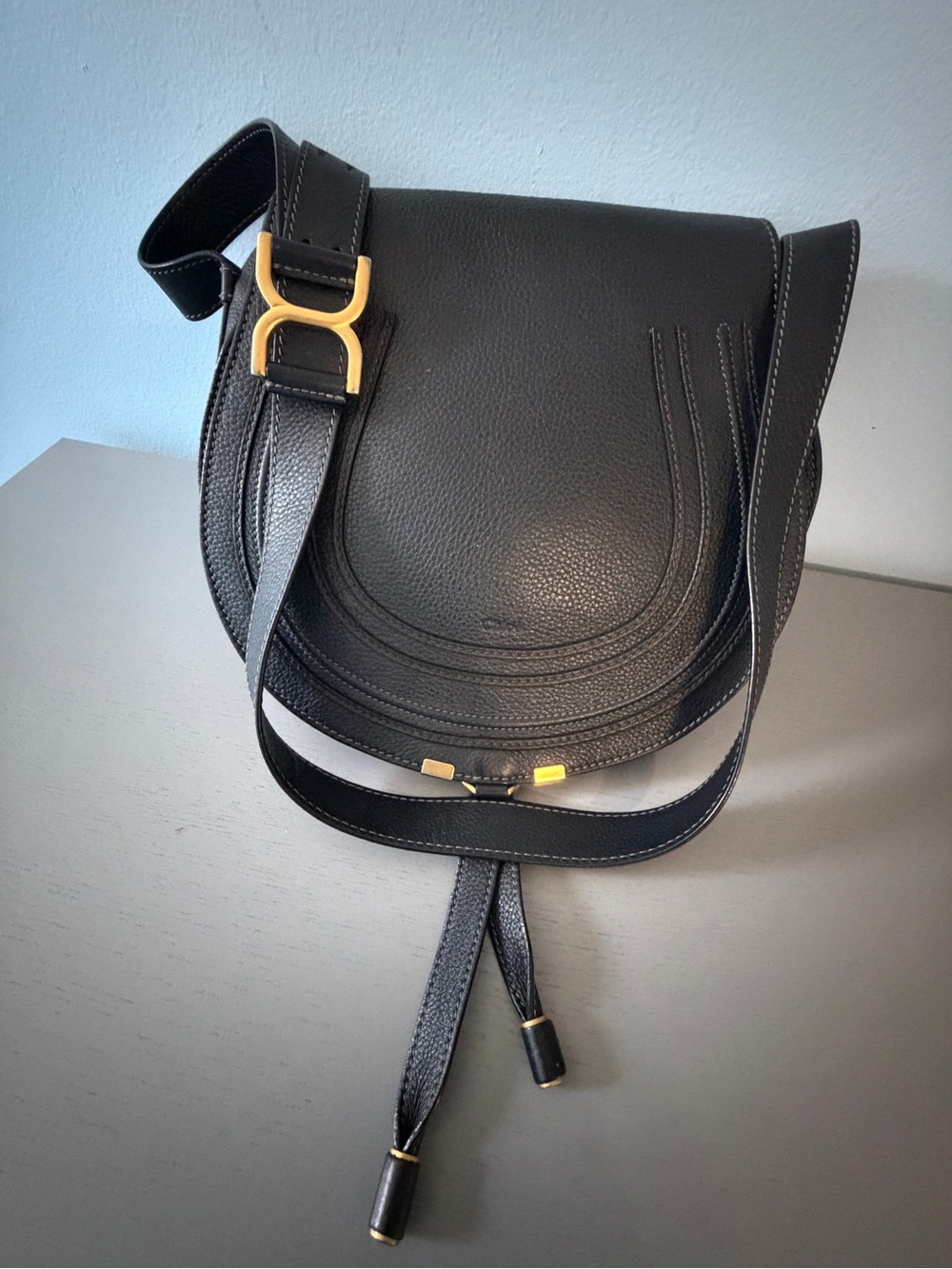 Chloe Marcie medium Black Leather Saddle Crossbody Bag with Gold Accents